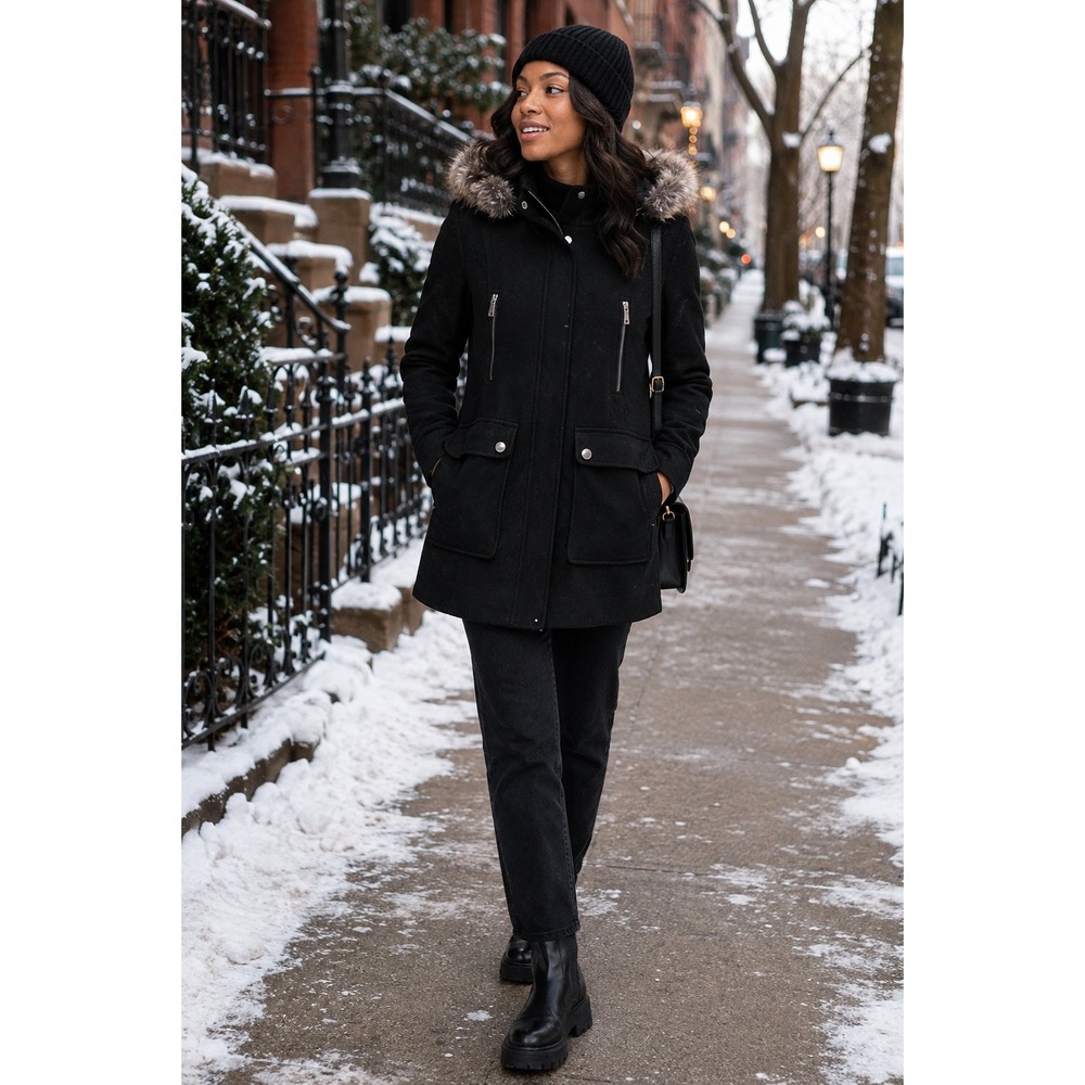 Women Small Black Wool Blend Winter Hooded Coat Faux Fur Trim Utility Parka